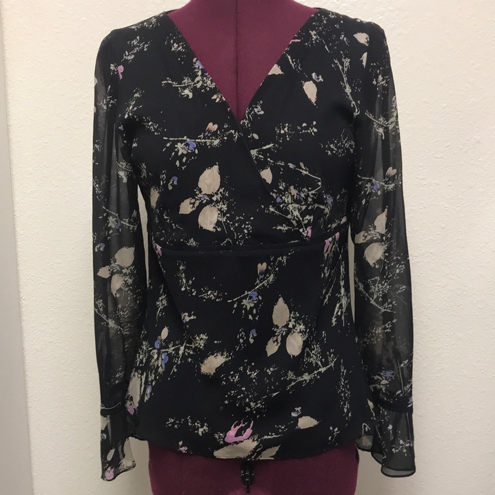 Ann Taylor Women’s Top Small Floral Silk V-Neck Sheer Sleeves Pullover Blouse